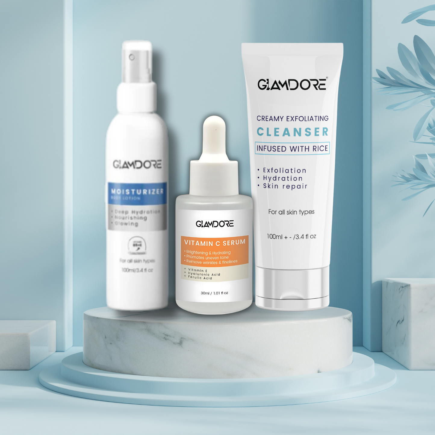 GLAMDORE Complete Skincare Set – Cleanser, Vitamin C Serum & Moisturizer